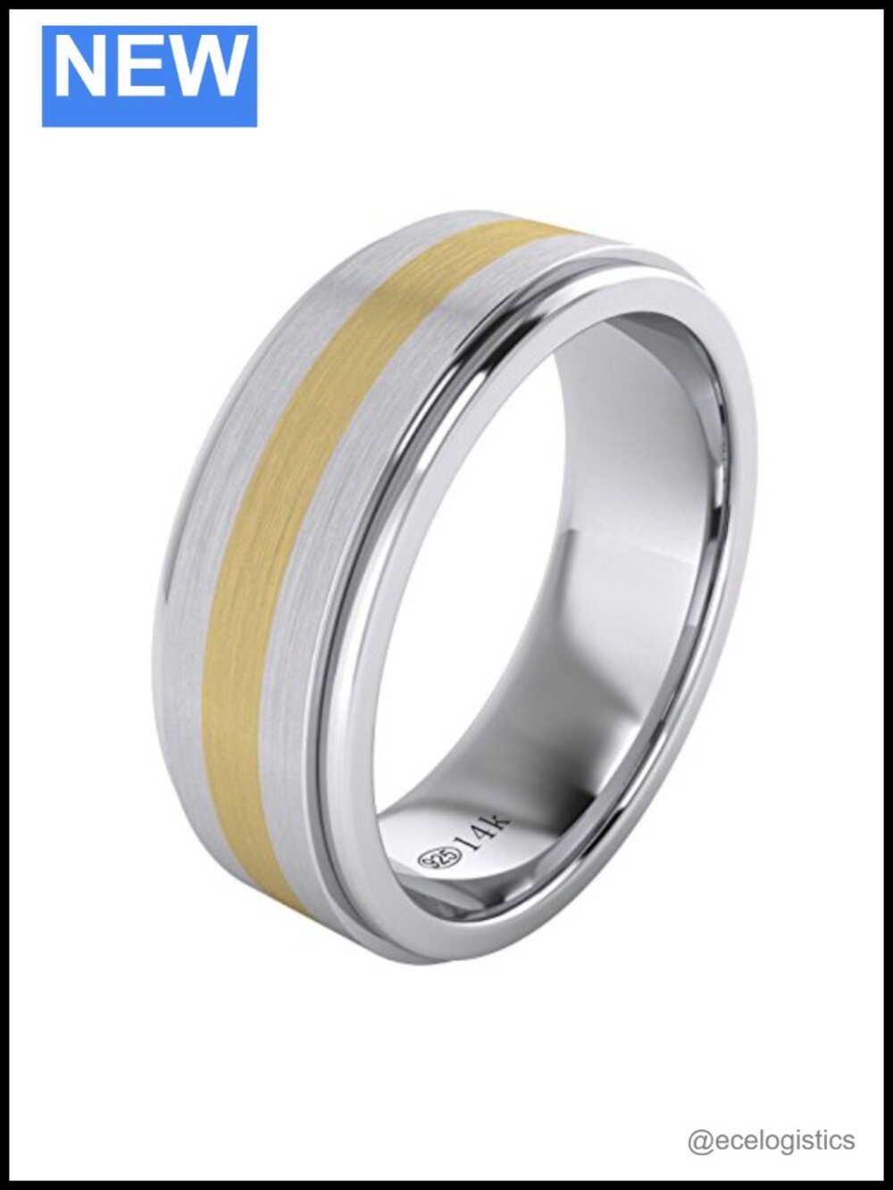 Solid 14K Yellow Gold Inlaid Sterling Silver Mens Wedding Band